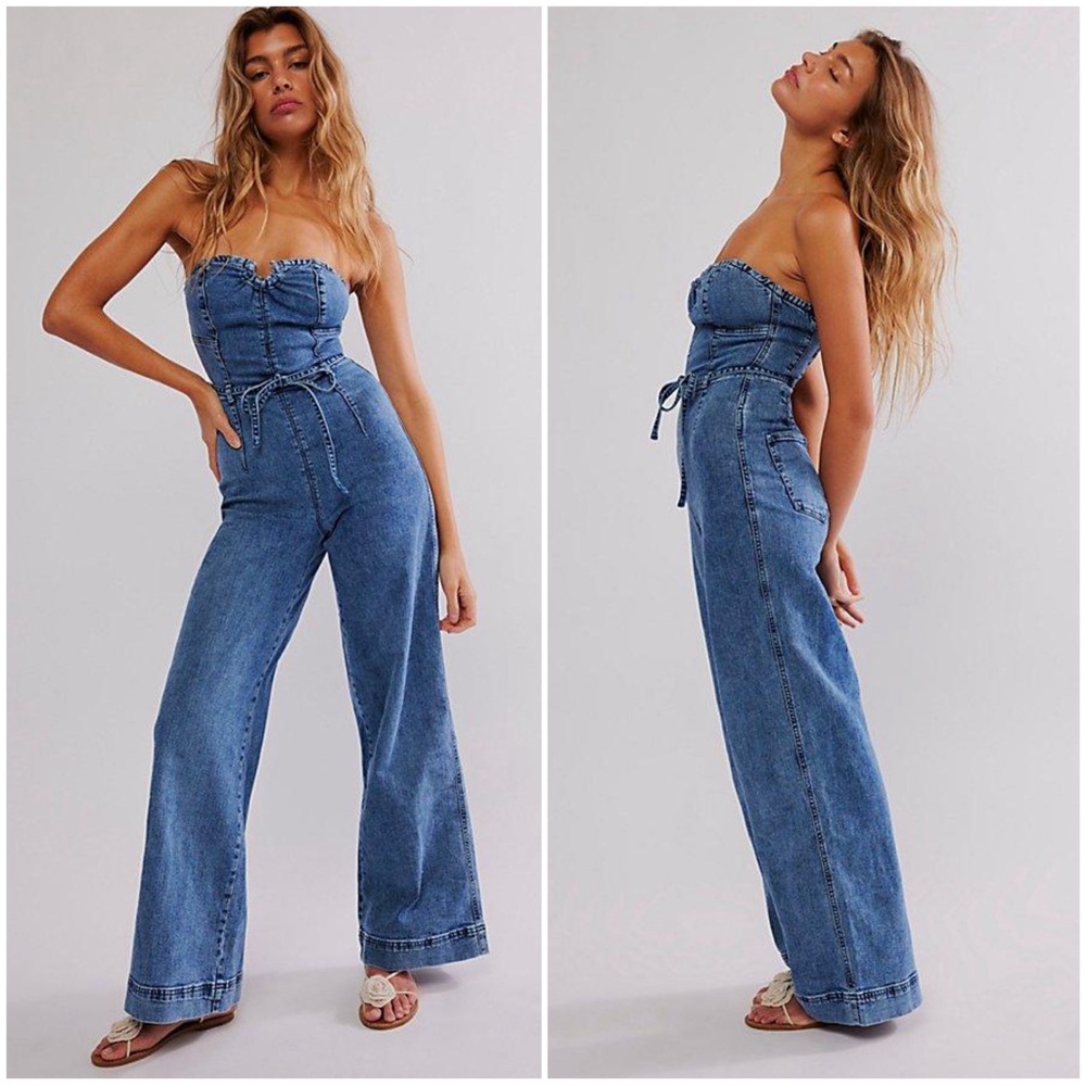 Free People Strapless Denim Jumpsuit in Blue
